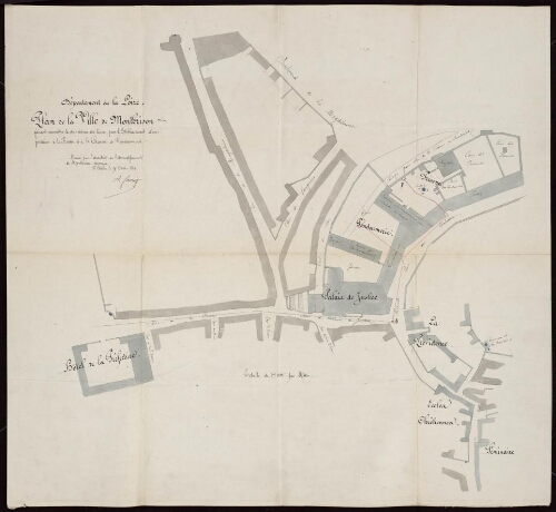 Plan de la ville de Montbrison faisant apparaître la disposition des lieux pour l'établissement d'une fontaine à la prison et à la caserne de gendarmerie